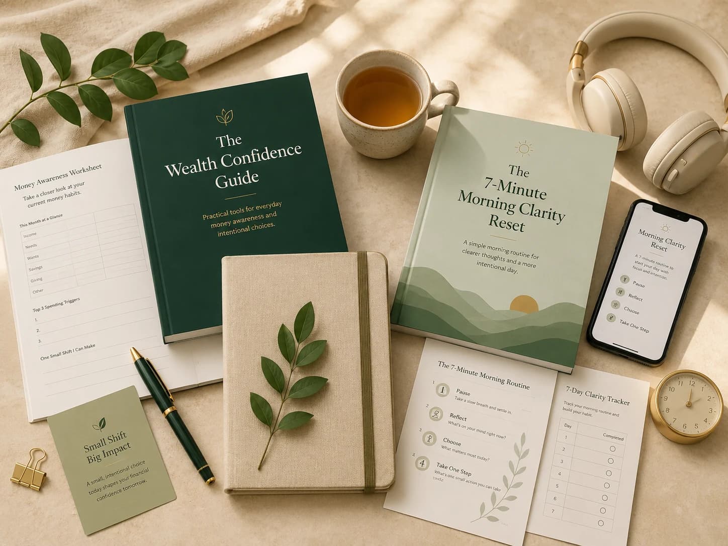 The Wealth Confidence Guide and the 7-Minute Morning Clarity Reset displayed together with worksheets, tea, a notebook, headphones and a mobile preview.
