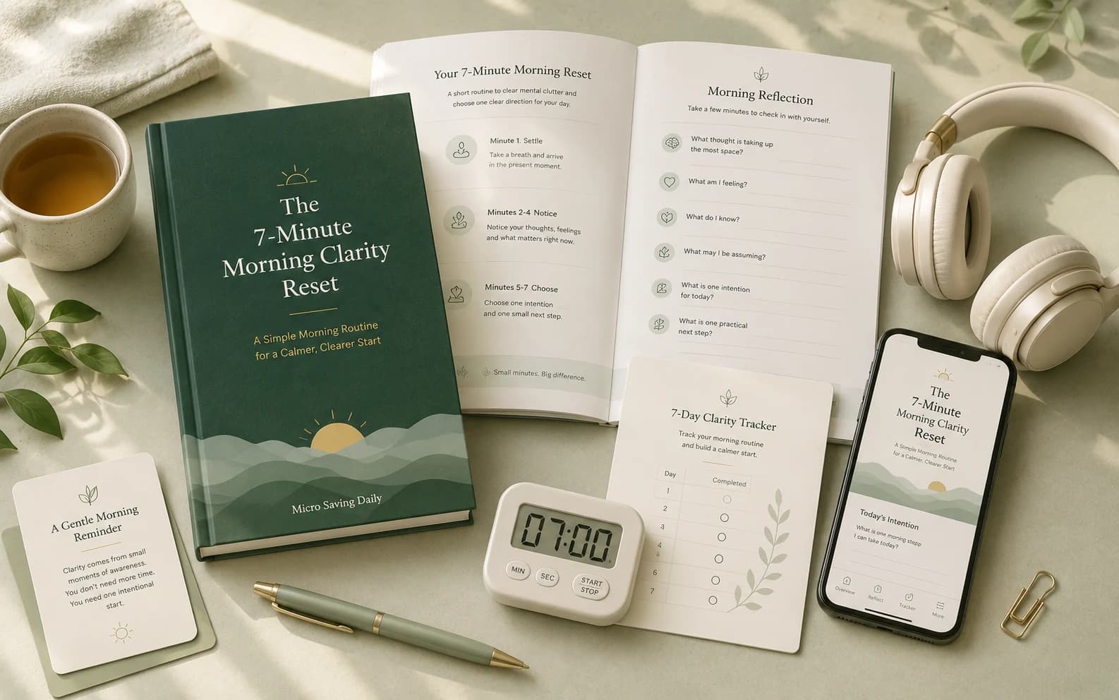 The 7-Minute Morning Clarity Reset shown with a morning-reflection worksheet, seven-day tracker, timer, headphones, tea and mobile preview.