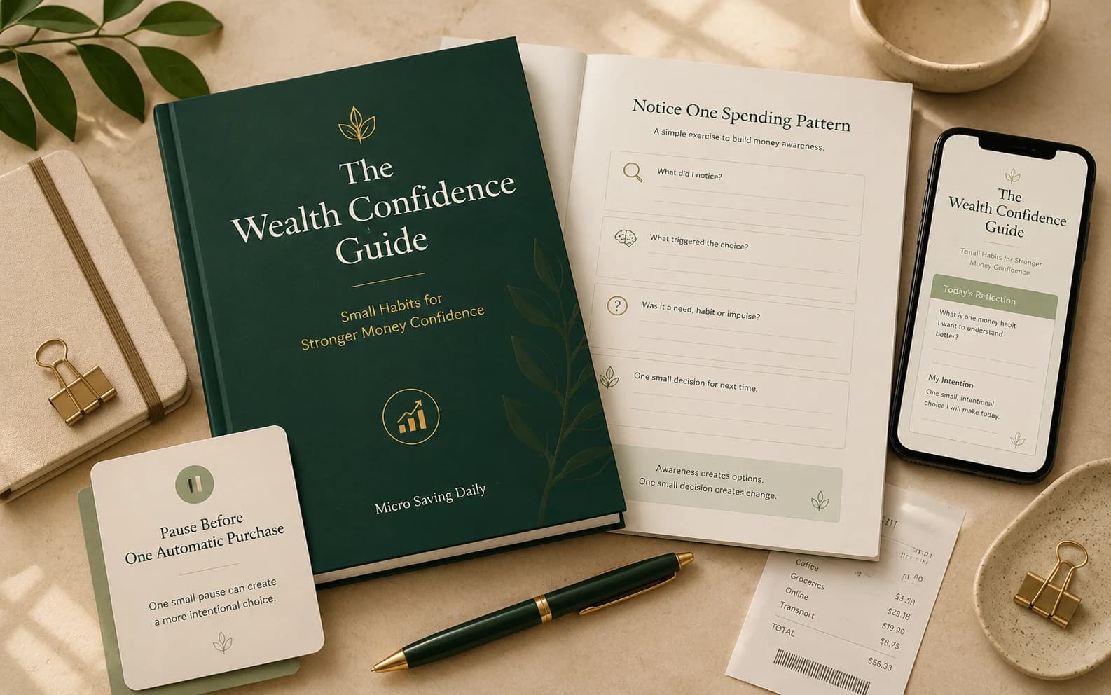 The Wealth Confidence Guide shown with a spending-pattern worksheet, reflection card, pen, receipt and mobile preview.