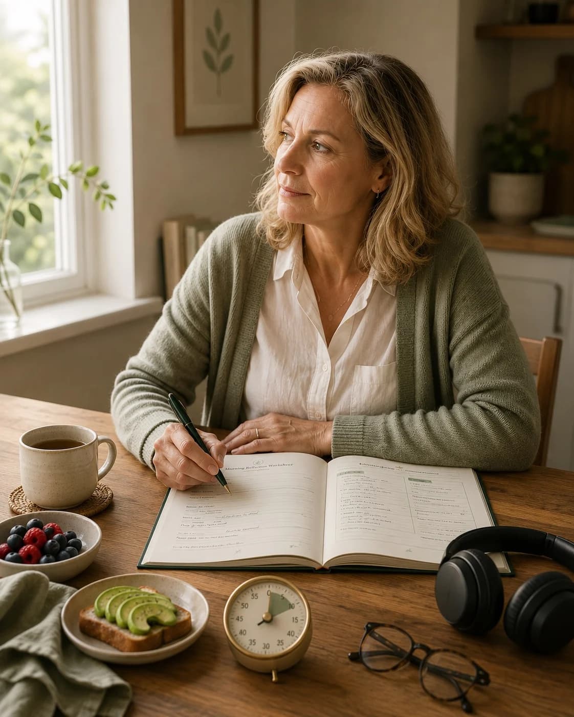 Woman pausing after writing in a morning reflection guide beside tea and headphones.