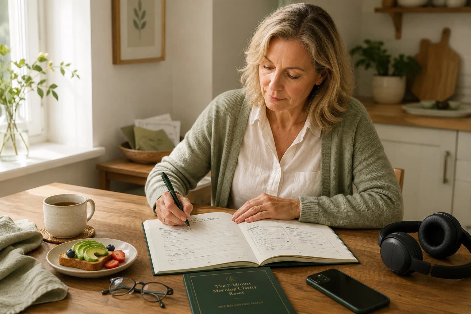 Woman completing a short morning reflection worksheet at a lived-in kitchen table.