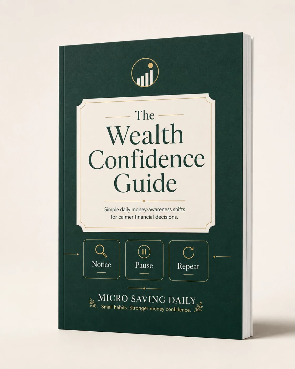 Three-dimensional mockup of the Wealth Confidence Guide standing upright.